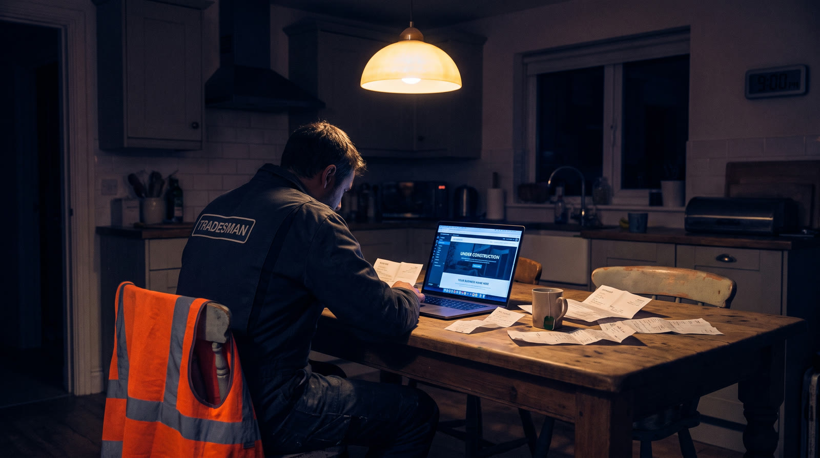 A tradesman at his kitchen table at night, hi-vis on the chair, doing business paperwork on a laptop