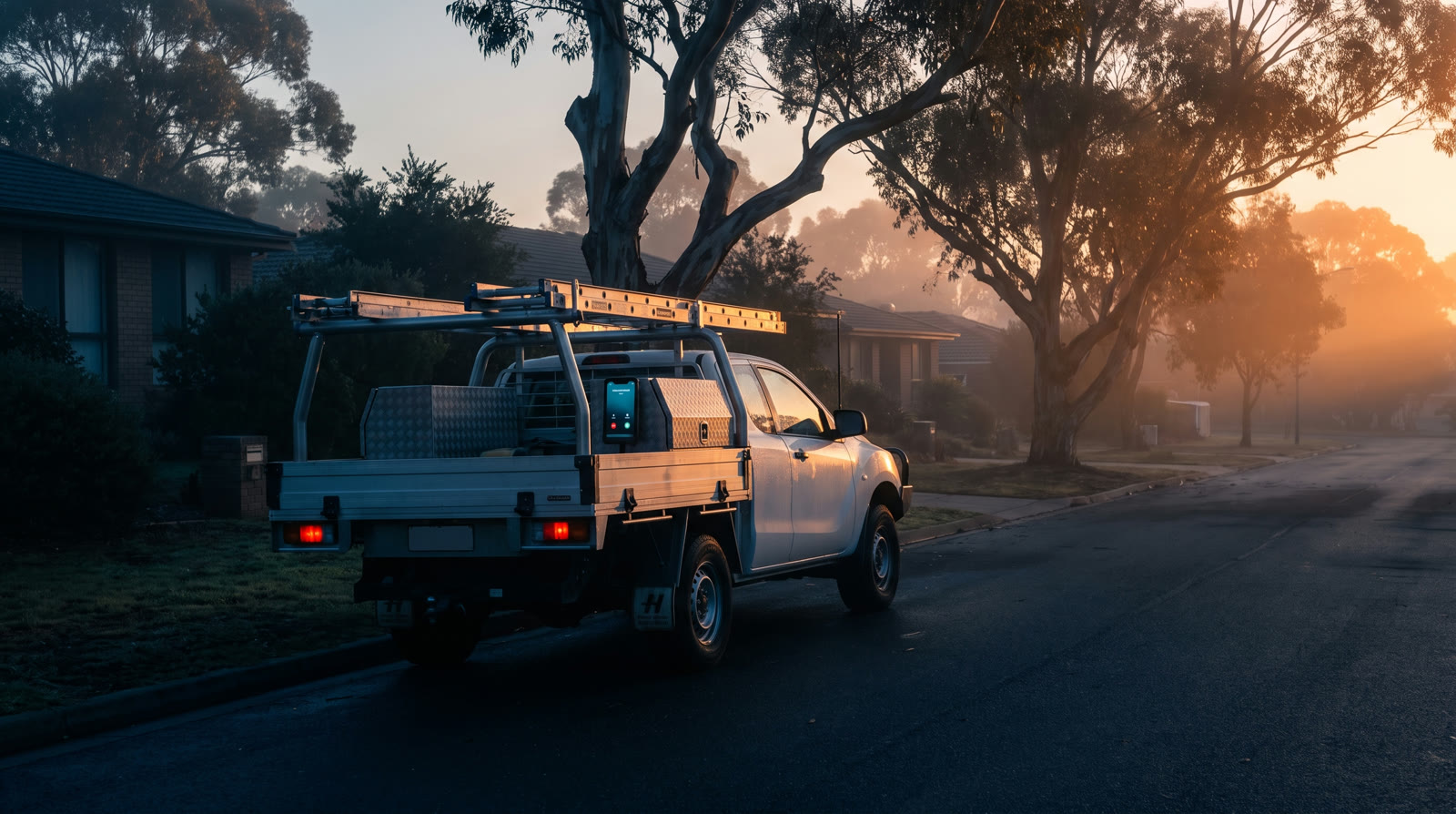 A tradesman's ute with ladder racks parked at dawn, phone glowing on the dashboard
